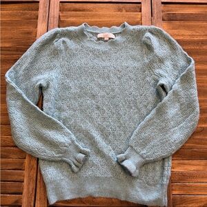 LOFT Light Blue Teal Soft Crew Neck Scalloped Ruffle Sweater Women’s Medium